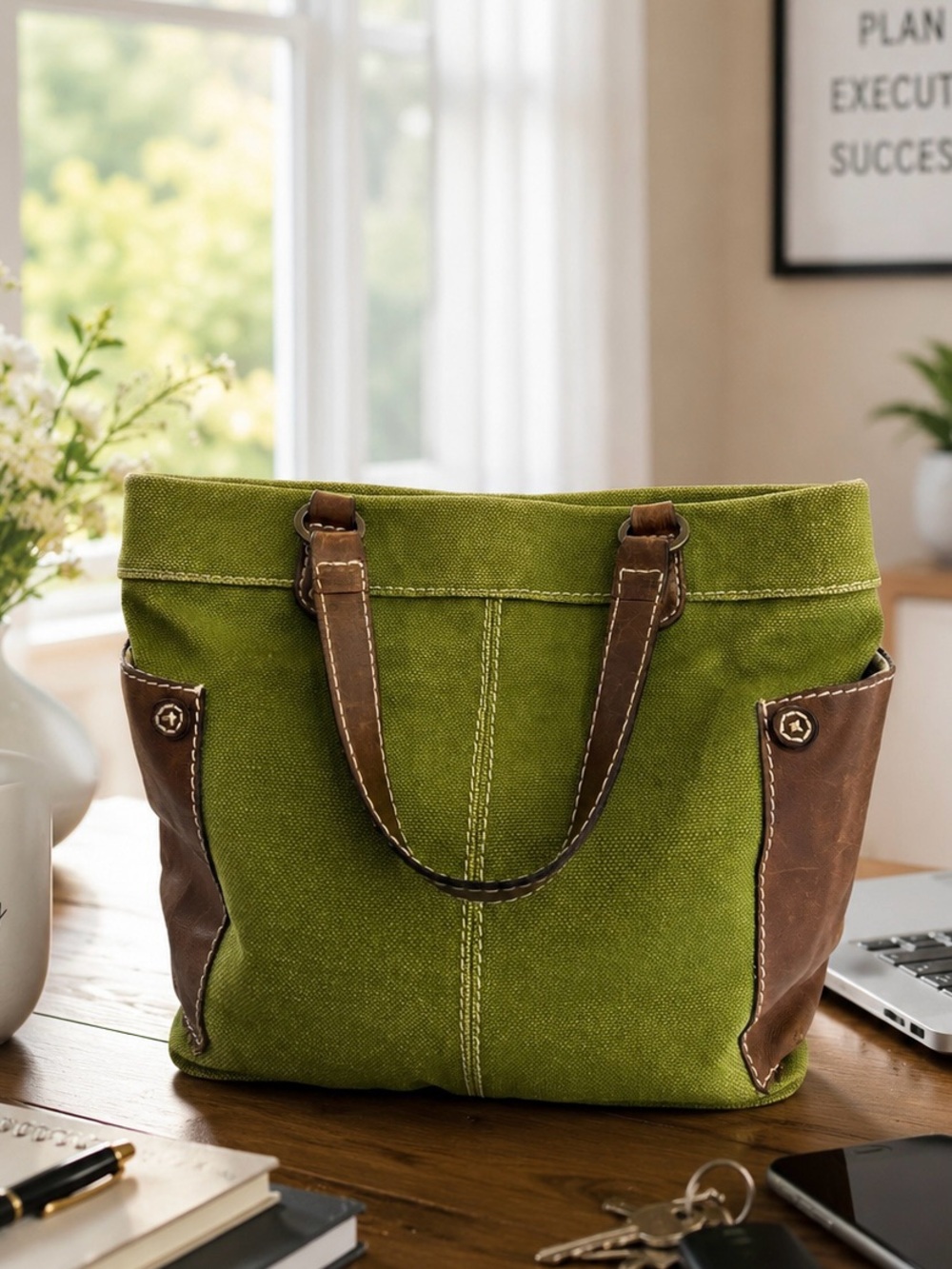 Latico NJ USA green canvas brown leather handbag tote + wallet/small purse